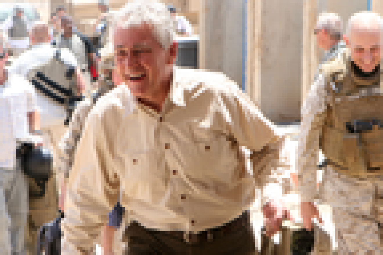 Click photo to download. Caption: Caption: Chuck Hagel in Iraq. Credit: Lance Cpl. Casey Jones.