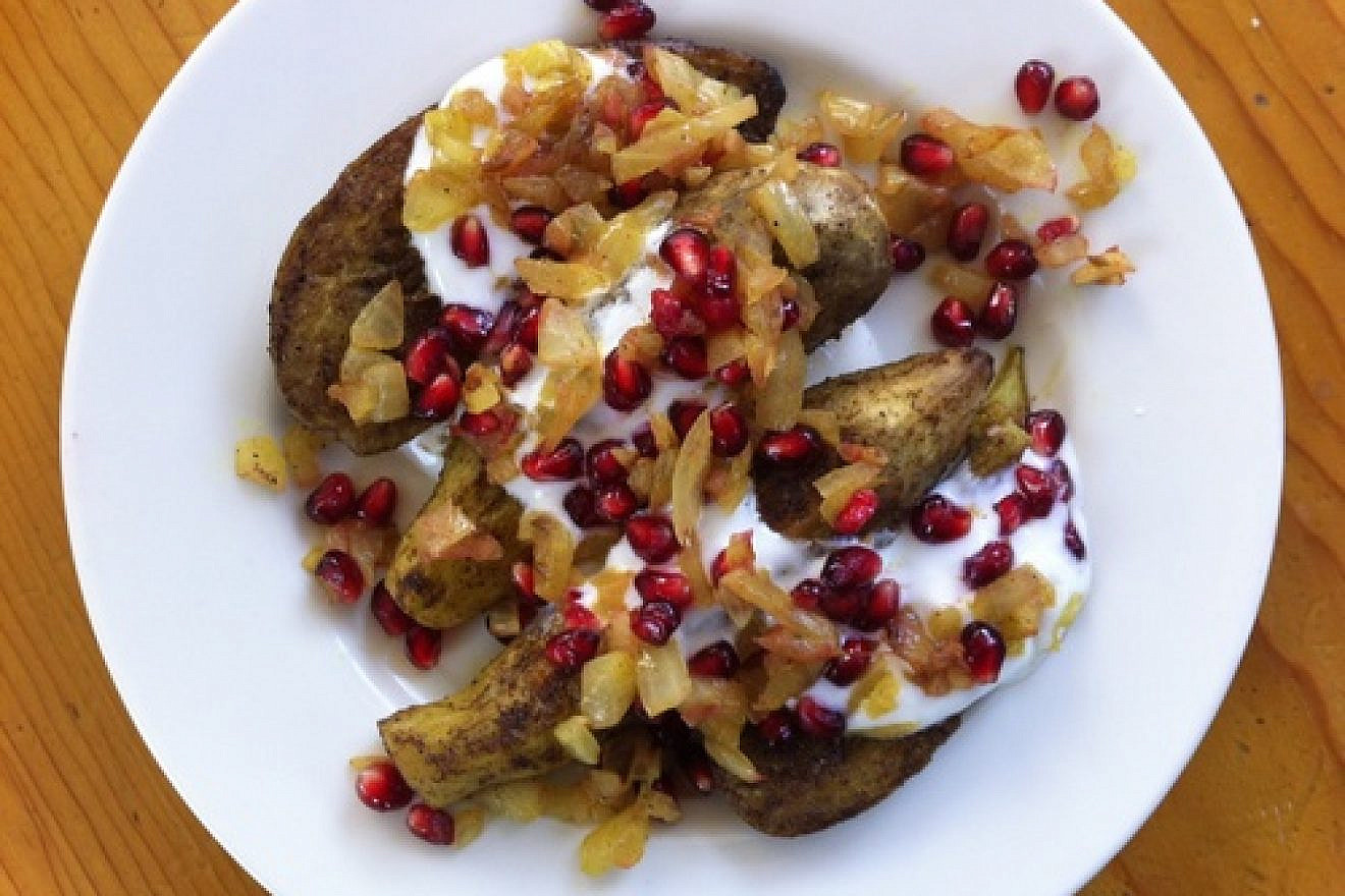 Curried eggplant slap-down with yogurt, onion relish, and pomegranate, by chef Mollie Katzen. Photo by Mollie Katzen.