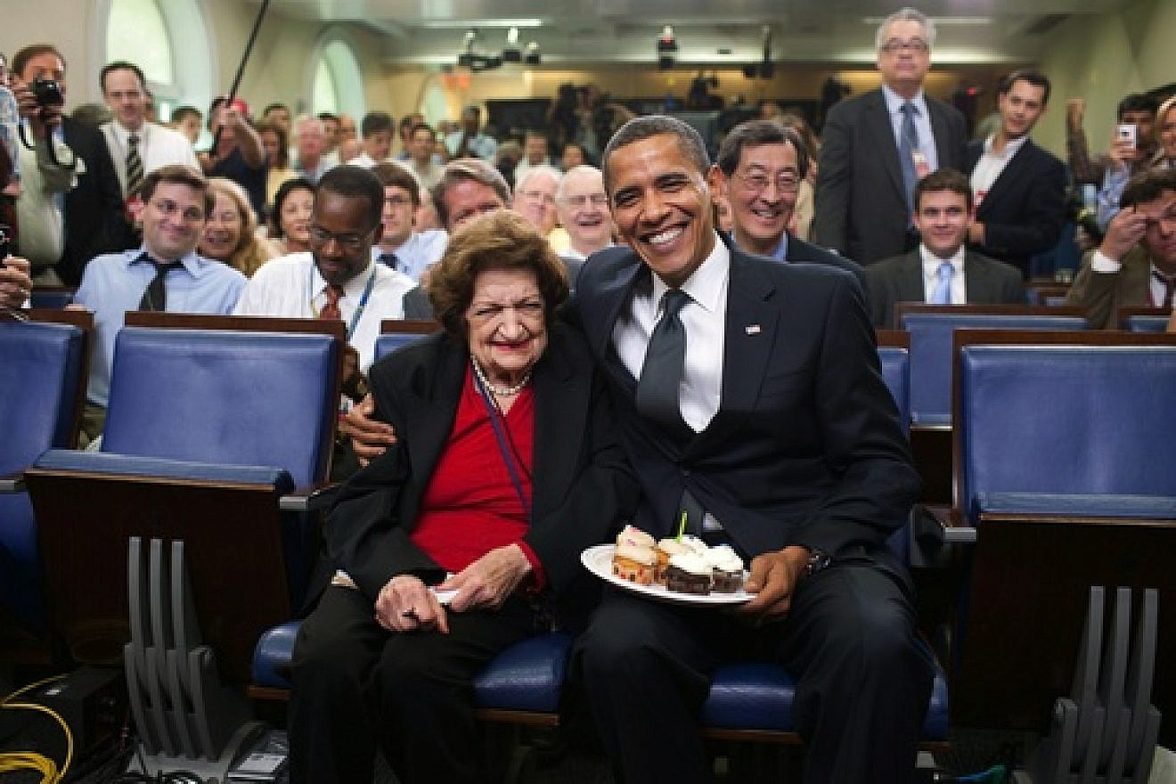 U.S. President Barack Obama presents cupcakes with a candle to Hearst White House columnist Helen Thomas in honor of her birthday in the James Brady Briefing Room, on Aug. 4, 2009. In 2010, Obama would go on to call Thomas's retirement following her anti-Semitic comments on the White House lawn "the right decision." Credit: Pete Souza/White House.
