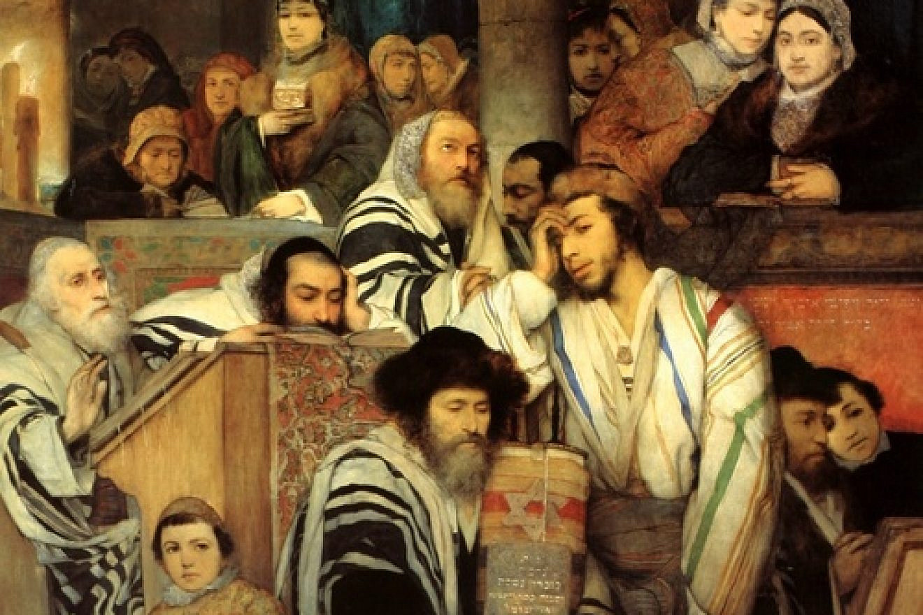 A illustration of Jews praying in synagogue on Yom Kippur. Credit: Maurycy Gottlieb.