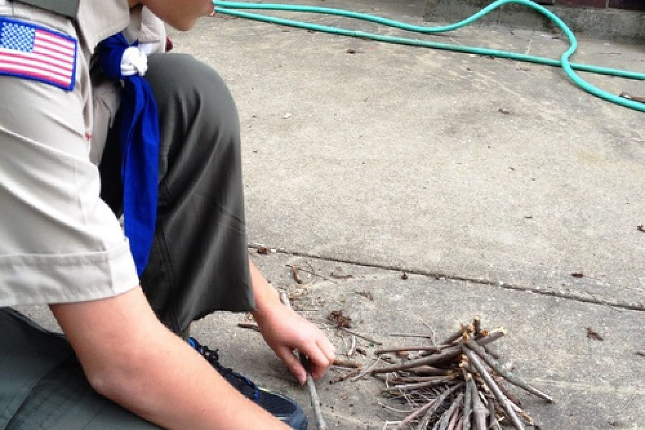 Boy Scout Abraham “Avi” Brudoley makes a bonfire. Pictured is step one: lay the groundwork. Credit: Maayan Jaffe.
