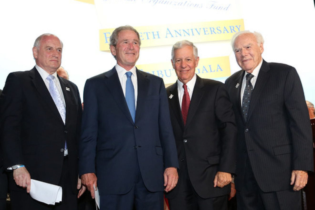 From left: Conference of Presidents executive vice chairman Malcolm Hoenlein, former U.S. President George W. Bush, Conference of Presidents chairman Robert G. Sugarman and Conference of Presidents past chairman Melvin Salberg at the 50th anniversary tribute gala for the Conference of Presidents on Tuesday in New York. Credit: ©Michael Priest Photography.