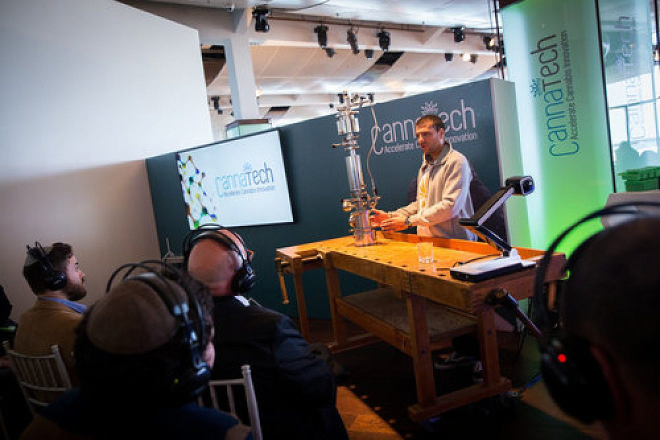 A demonstration during CannaTech, Israel’s annual medical cannabis innovation conference in Tel Aviv, March 20, 2017. Credit: Miriam Alster/Flash90.