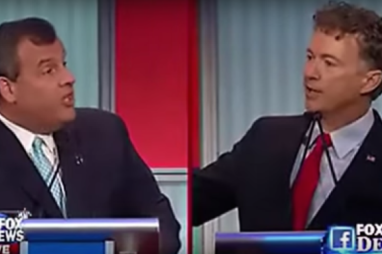 Click photo to download. Caption: Gov. Chris Christie (left) and Sen. Rand Paul squared off on the topic of U.S. aid to Israel during the Aug. 6 GOP presidential debate in Cleveland. Credit: YouTube.