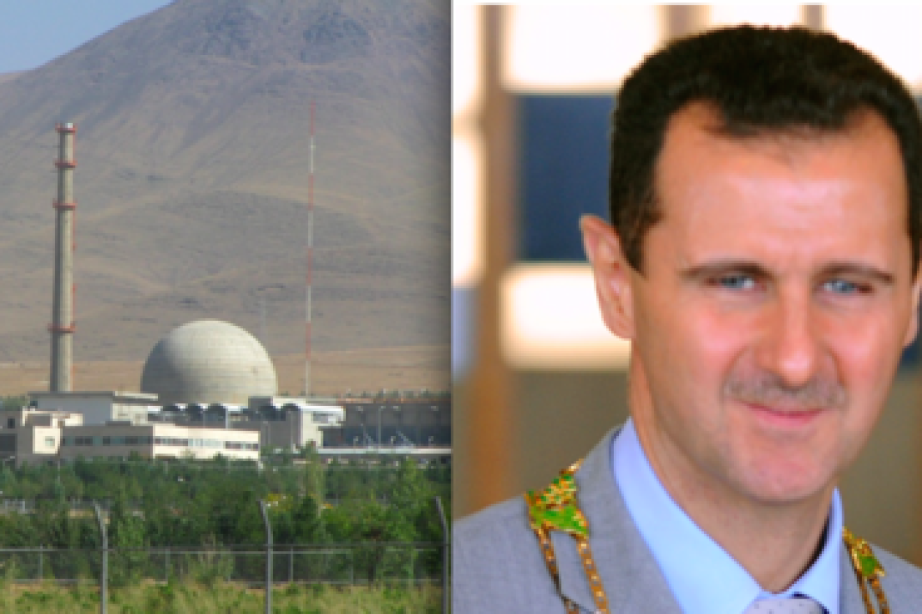 The Iran nuclear program’s heavy-water reactor at Arak and Syrian President Bashar Assad. Credit: Roosewelt Pinheiro/ABr and Nanking2012 via Wikimedia Commons.