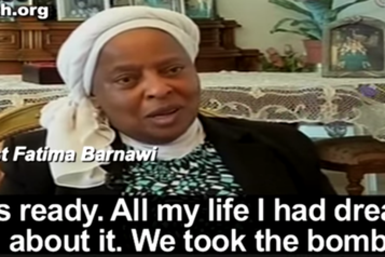 Click photo to download. Caption: Palestinian terrorist Fatima Barnawi, pictured here, planted a bomb in a Jerusalem movie theater in 1967. Credit: Palestinian Media Watch.