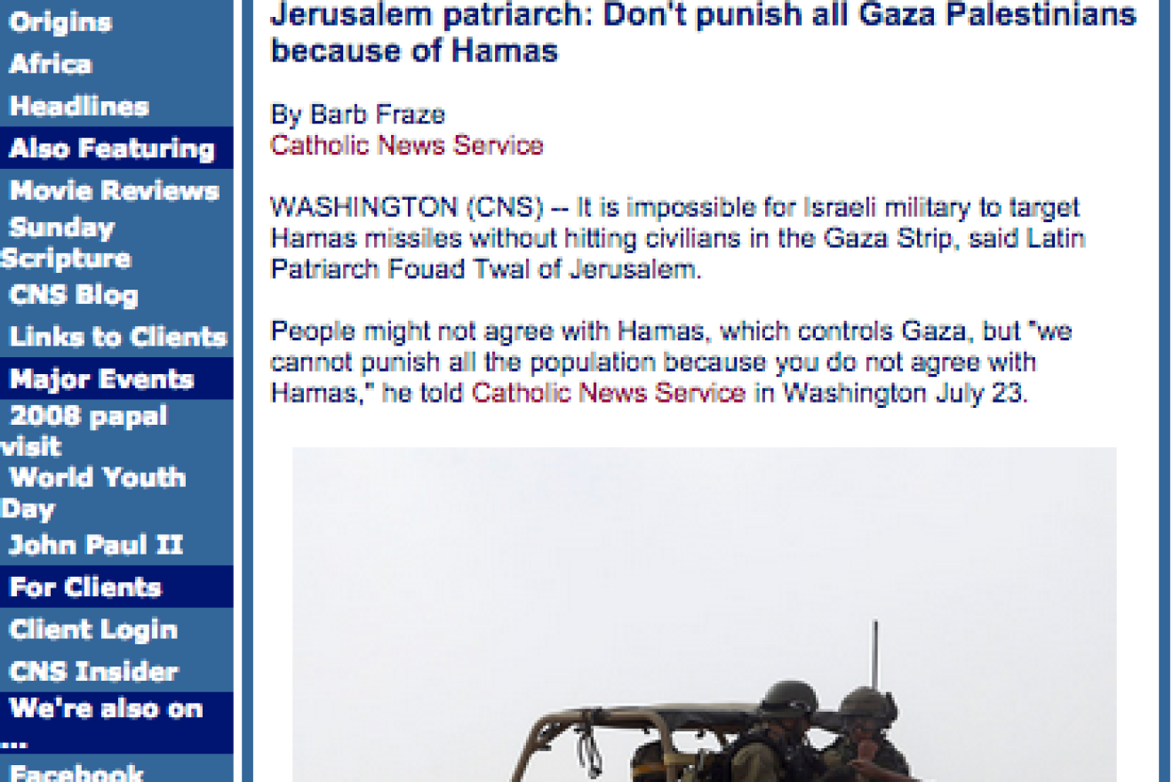 Click photo to download. Caption: The webpage for an article published by the Catholic News Service on July 23, 2014, “Jerusalem patriarch: Don’t punish all Gaza Palestinians because of Hamas.” Credit: Screenshot via catholicnews.com.