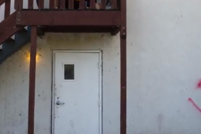 A swastika that was spray-painted on the Alpha Epsilon Pi (AEPi) Jewish fraternity house at University of California, Davis. Source: YouTube.