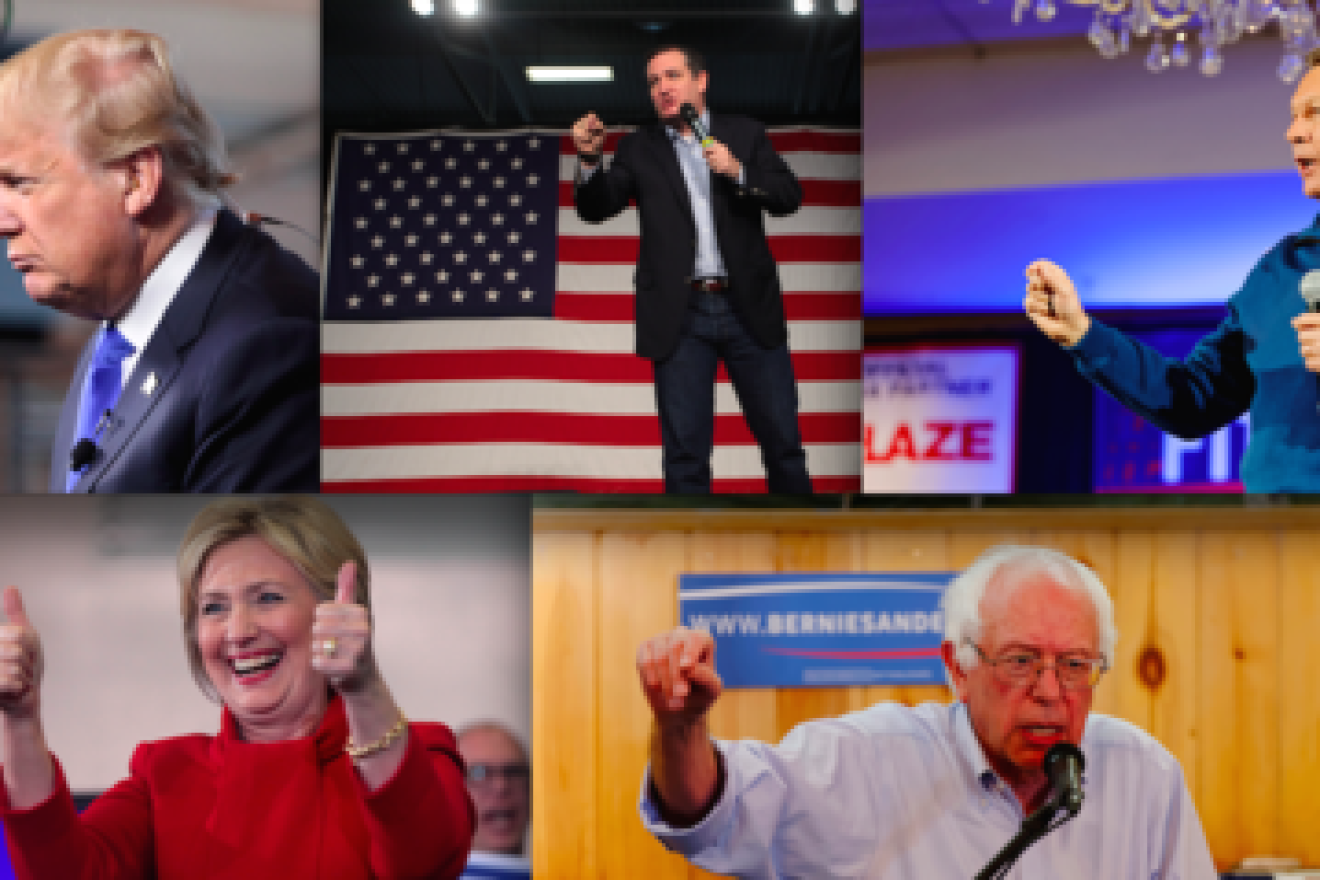 The remaining U.S. presidential candidates, including (top row, from left) Republicans Donald Trump, Texas Sen. Ted Cruz and Ohio Gov. John Kasich, and Democrats (bottom row, from left) Hillary Clinton and Vermont Sen. Bernie Sanders. Credit: Gage Skidmore and Michael Vadon via Wikimedia Commons.