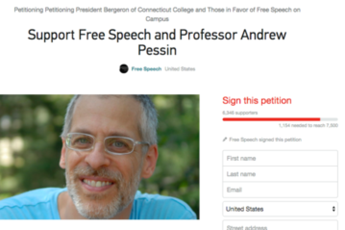 Click photo to download. Caption: A change.org petition on the free speech rights of Connecticut College philosophy professor Andrew Pessin. Credit: Screenshot of change.org.