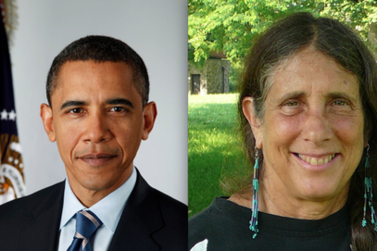 U.S. President Barack Obama and Rabbi Lynn Gottlieb of the Jewish Renewal Movement. Gottlieb, who once dialogued with Ahmadinejad and is an advisory board member of the pro-BDS group Jewish Voice for Peace (JVP), is on the new "Rabbis for Obama" list endorsing the president. Credit: White House and Jewish Virtual Library.