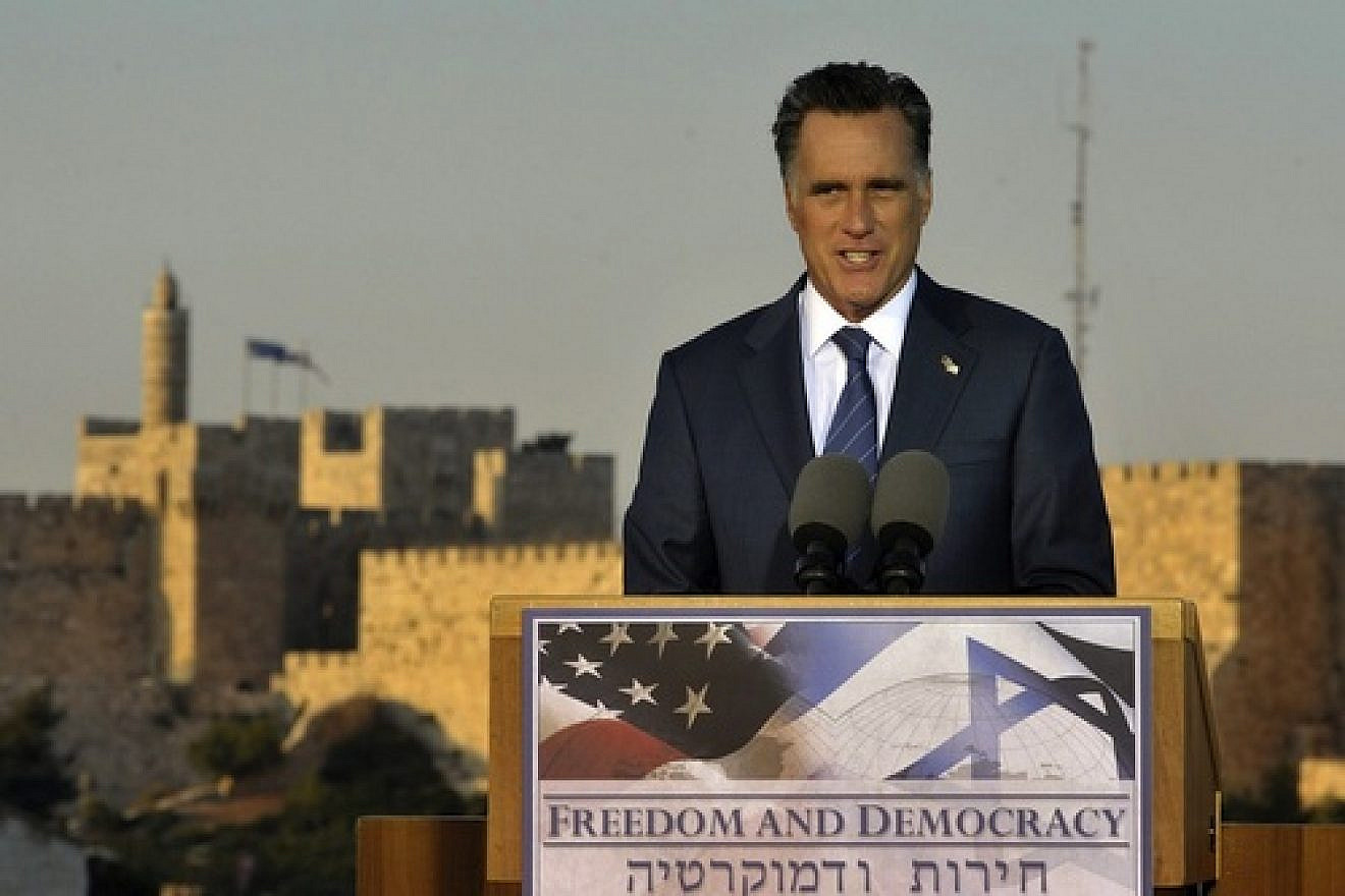 The Tower of David in Jerusalem's Old City is seen in the background as Republican presidential candidate Mitt Romney speaks on Sunday. Credit: Yoav Ari Dudkevitch/FLASH90.