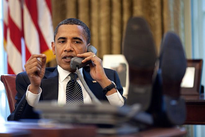 U.S. President Barack Obama speaks on the phone to Israeli Prime Minister Benjamin Netanyahu on June 8, 2009. Credit: Pete Souza/White House.
