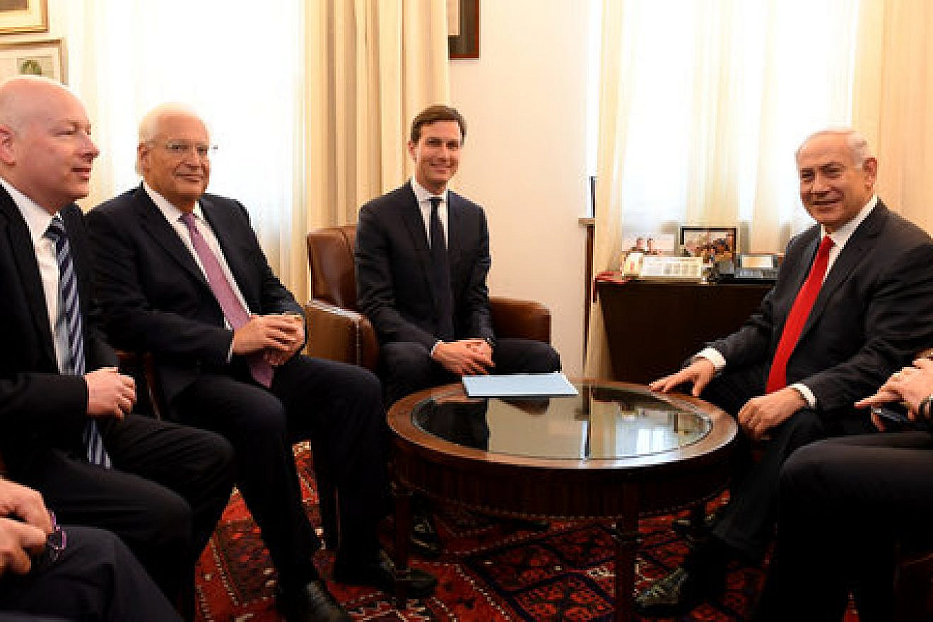 Israeli Prime Minister Benjamin Netanyahu meets with (from left) U.S. President Donald Trump's international negotiations representative Jason Greenblatt, U.S. Ambassador to Israel David Friedman and Trump's son-in-law and senior adviser Jared Kushner, in Jerusalem in June 2017, to discuss the peace process. Credit: Matty Stern/U.S. Embassy Tel Aviv.