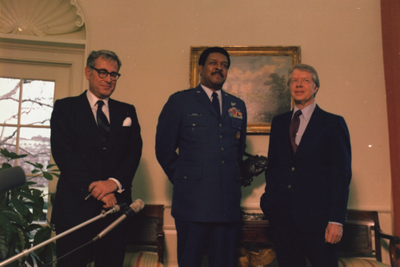 Click photo to download. Caption: Former American defense secretary Harold Brown (pictured at left, next to Gen. Daniel "Chappie" James and President Jimmy Carter) eventually learned and accepted that idealism needs to be tempered by the reality of experience. The 800 Israelis (led by prominent intellectuals) who are demanding European recognition of a Palestinian state could use the same lesson, writes Abraham H. Miller. Credit: National Archives and Records Administration.