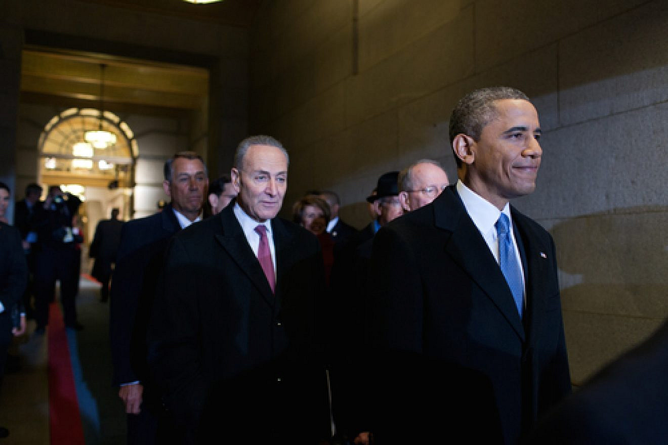 The subject of much debate in New York has been the decision facing the state's Jewish U.S. senator, Chuck Schumer (pictured in center), on the Iran nuclear deal. Will Schumer defy President Barack Obama (pictured at right) and be one of the 13 Democratic votes in the Senate needed to override the president's veto of potential Congressional rejection of the Iran deal? Credit: Pete Souza/White House.