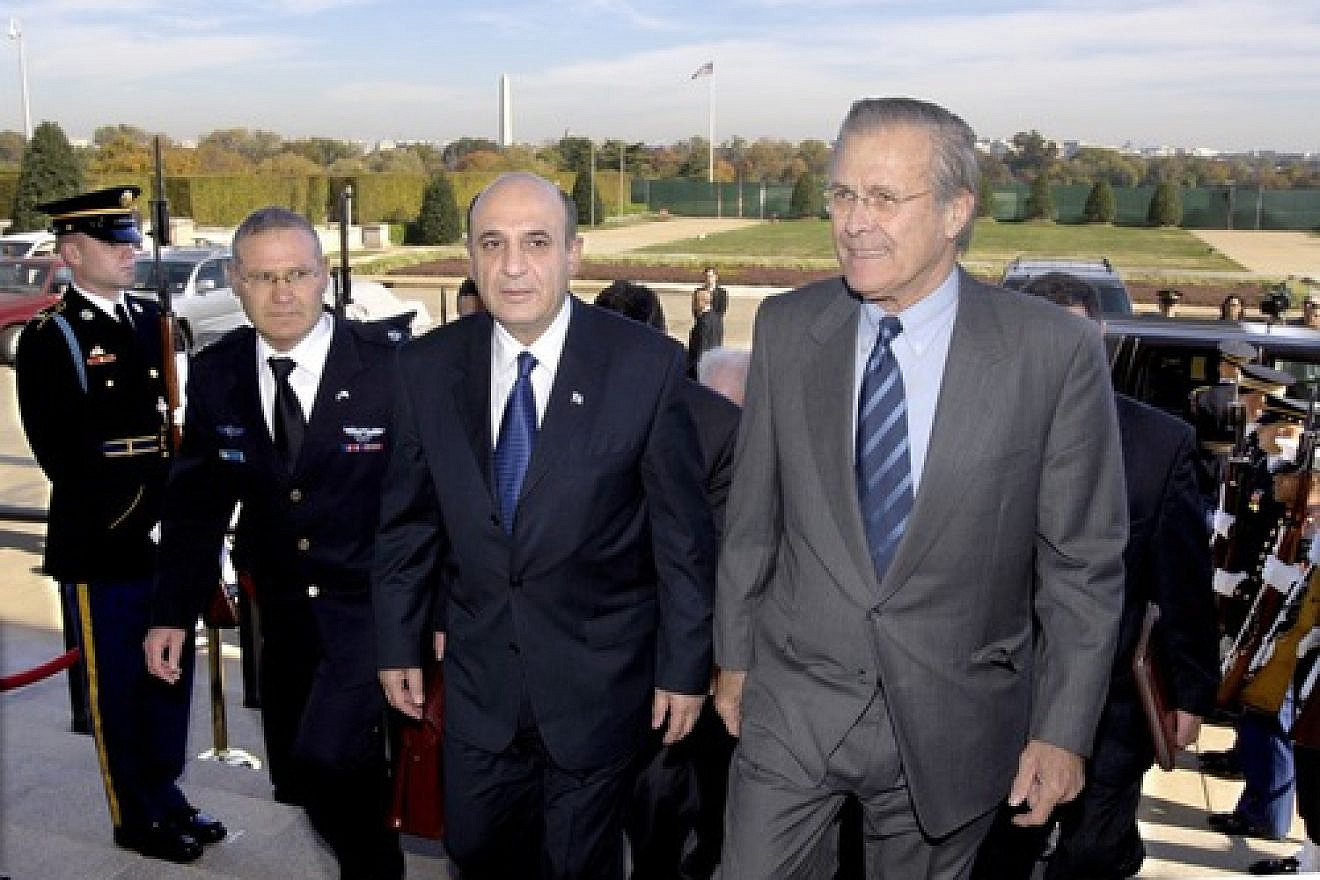 Click photo to download. Caption: From left to right, in November 2005, Defense Attache at the Israeli Embassy Maj. Gen. Amos Yadlin, Israeli Minister of Defense Shaul Mofaz, and U.S. Secretary of Defense Donald Rumsfeld. Yadlin appeared on an Oct. 11 panel at Harvard University. Credit: Robert D. Ward.