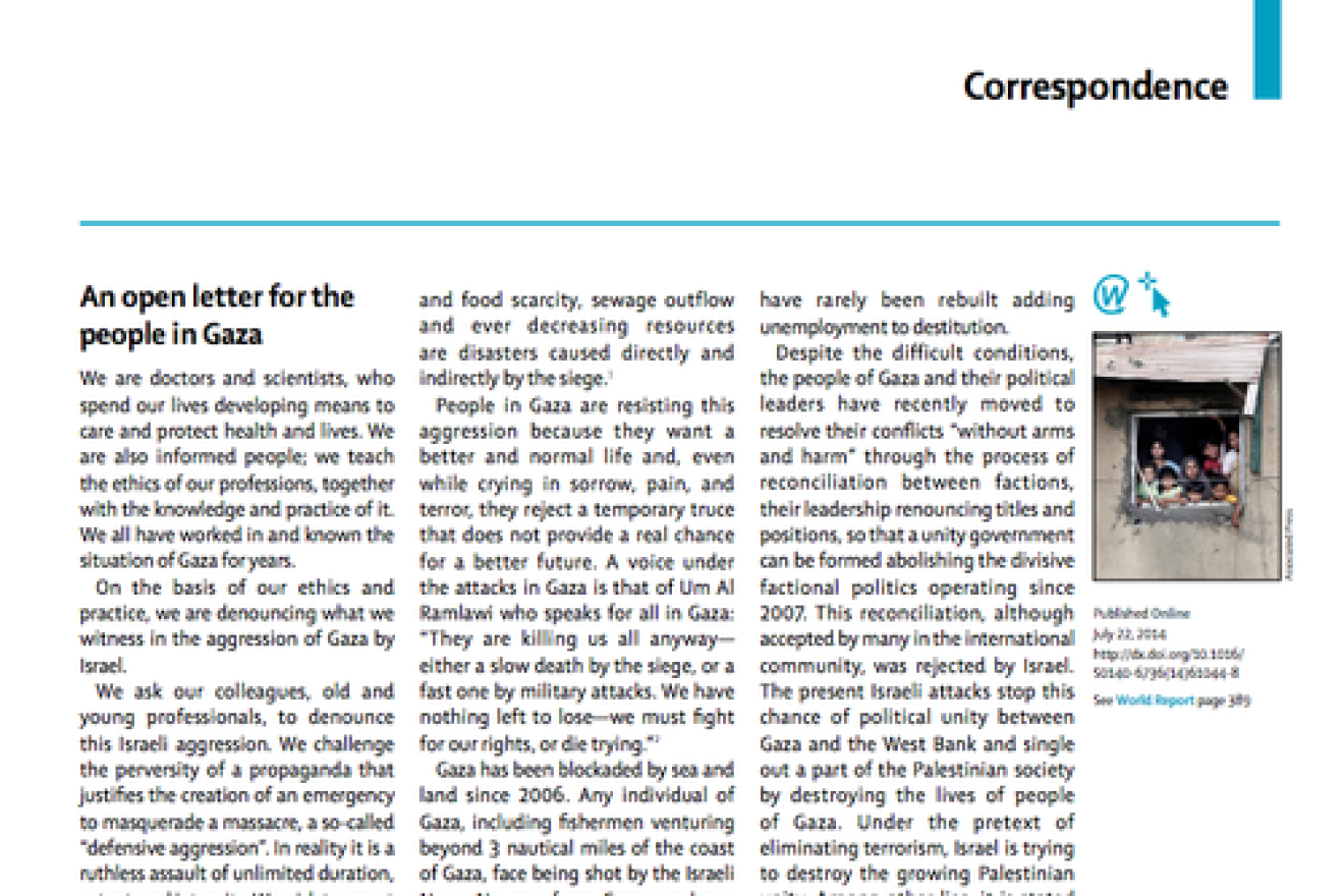 Click photo to download. Caption: “An open letter for the people in Gaza,” recently published by the British medical journal The Lancet. Credit: The Lancet screenshot.