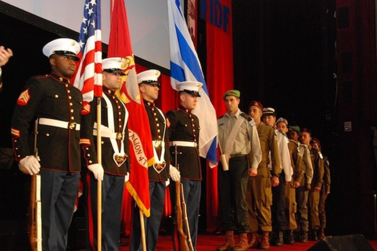 The honor guards of the U.S. Marines and the Israel Defense Forces present colors at the Friends of the Israel Defense Forces 2012 Gala in New York City, March 12, 2012. Credit: Maxine Dovere.