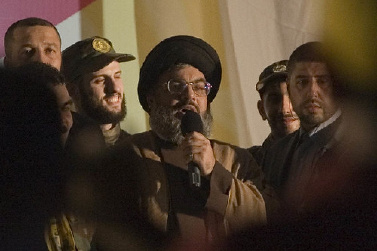 Hassan Nasrallah, leader of the Lebanese terrorist group Hezbollah, makes a rare public appearance in a suburb of Beirut in July 2008. Photo by Ferran Queved/Flash90.