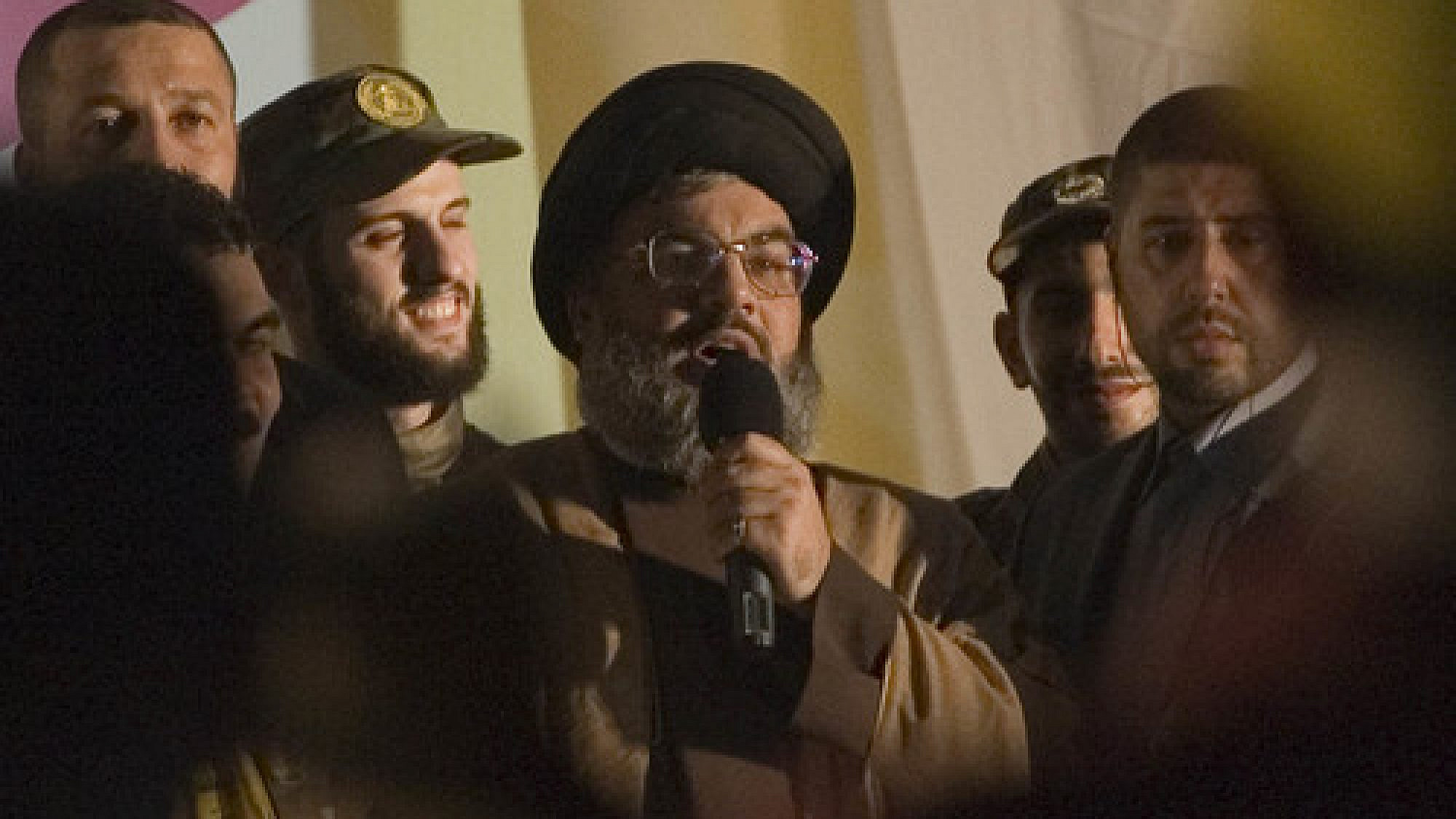 Hassan Nasrallah, leader of the Lebanese terrorist group Hezbollah, makes a rare public appearance in a suburb of Beirut in July 2008. Photo by Ferran Queved/Flash90.