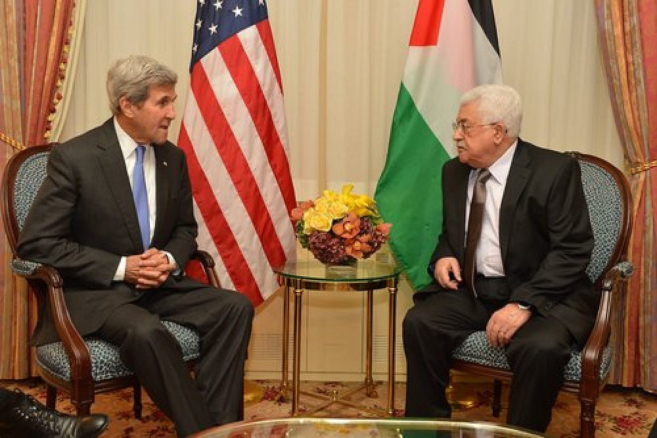 U.S. Secretary of State John Kerry with Palestinian Authority leader Mahmoud Abbas in New York on Sept. 19, 2016. Credit: U.S. State Department.