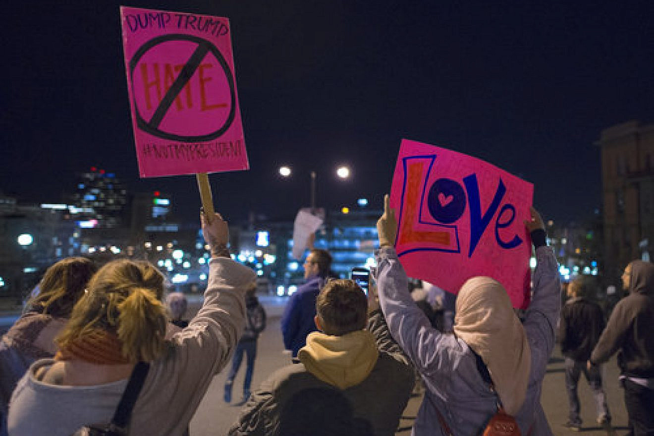 An anti-Trump protest Nov. 9 in St. Paul, Minnesota. Credit: Fibonacci Blue via Wikimedia Commons.