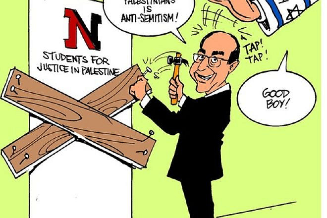 A cartoon posted on the Facebook page of Northeastern University's Students for Justice in Palestine chapter—which was suspended earlier this year before being reinstated—depicts University President Joseph Aoun nailing boards on the door of the student group. Mirroring the conspiracy theory that Israel controls American foreign policy, the cartoon features a disembodied arm from the sky—with a Star of David and “The Lobby” written on its sleeve—patting Aoun on the head. Credit: Northeastern SJP Facebook page.