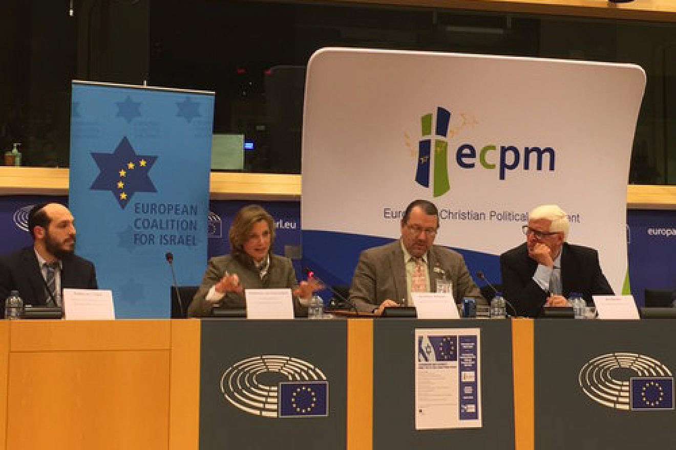 From left, at the Dec. 8 “Terrorism and Security: What the E.U. Can Learn From Israel” conference in Brussels: Rabbi Avi Tawil, director of the European Jewish Community Center in Brussels; Katharina von Schnurbein, the European Union’s coordinator on combating anti-Semitism; Member of the European Parliament (MEP) Branislav Skripek (Slovakia); and MEP Bas Belder (Netherlands). Credit: Orit Arfa.