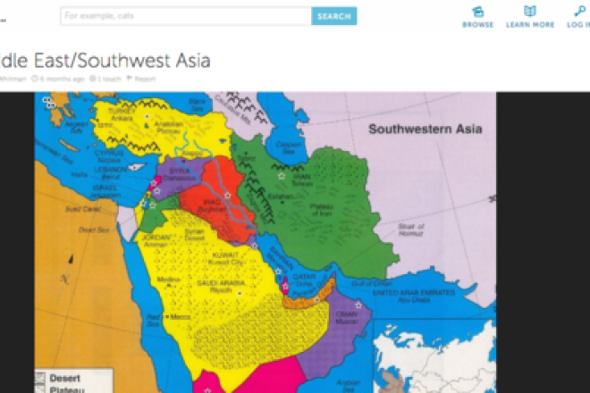 An interactive map of the Middle East and Southwest Asia offered by ThingLink, which allows teachers to build a whole set of interactive multimedia experiences into a single image. ThingLink is among the latest cutting-edge online learning and social networking tools available for Jewish schools. Credit: ThingLink.
