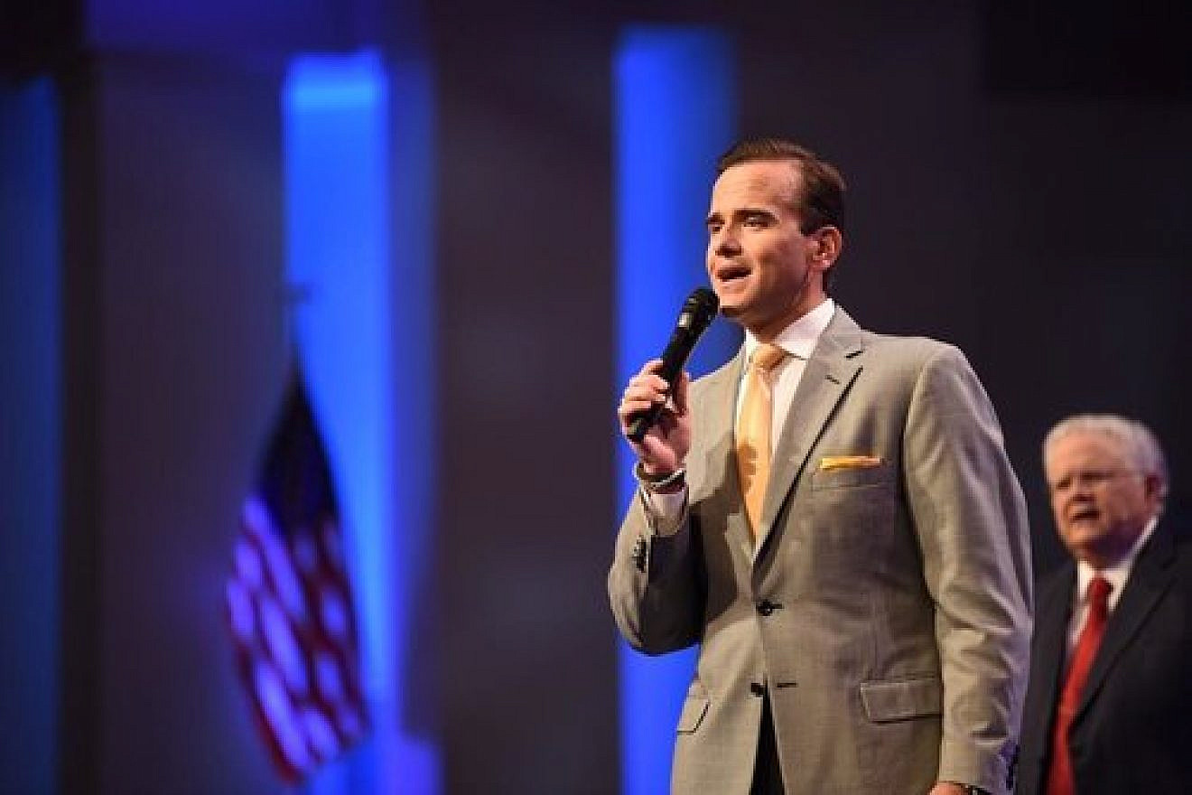 Pastor Matt Hagee speaks at San Antonio’s Cornerstone Church in August, with his father Pastor John Hagee in the background. Credit: Cornerstone Church via Facebook.