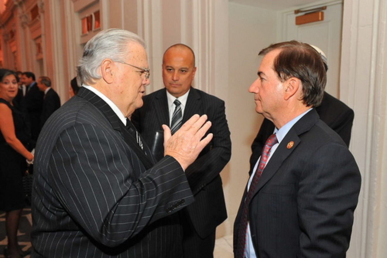 Click photo to download. Caption: CUFI founder Pastor John Hagee (left) with U.S. Rep. Ed Royce (R-CA), chairman of the House Committee on Foreign Affairs, at a dinner in Hagee's honor on Nov. 7 in New York. Credit: CUFI.