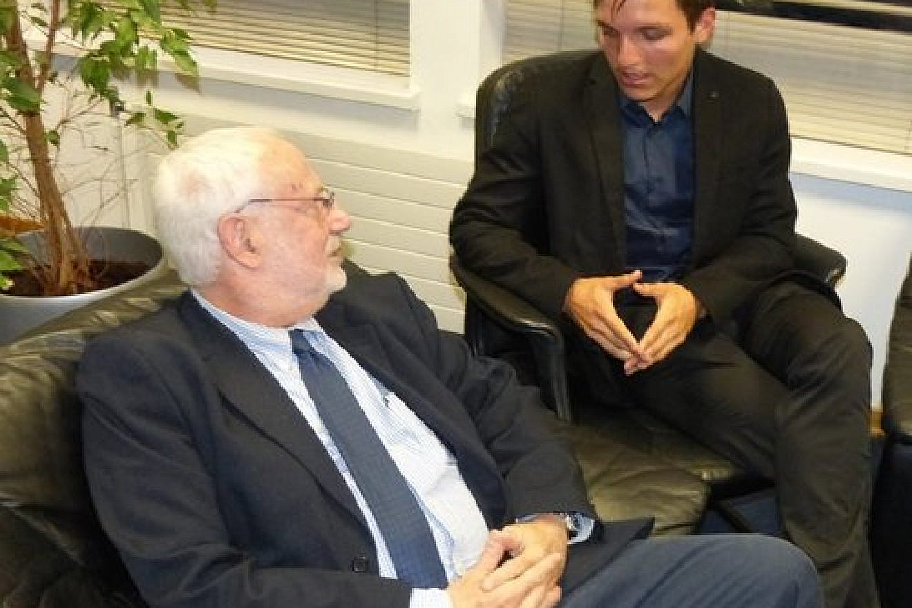 Tal Hagin (right) meets with Israeli Ambassador to Ireland Ze’ev Boker. Hagin conducted a speaking tour on Irish university campuses from Oct. 23-27, using Israel as a case study on overcoming media bias. Credit: Courtesy of CAMERA.