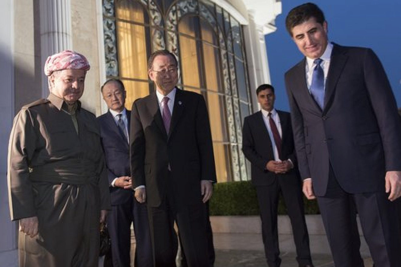 Ban Ki-moon, then secretary-general of the United Nations, meets with Masoud Barzani (left), president of the Kurdistan Regional Government (KRG), and Nechirvan Barzani (right), prime minister of the KRG, in March 2016 in Erbil, Iraq. Credit: U.N. Photo/Mark Garten.