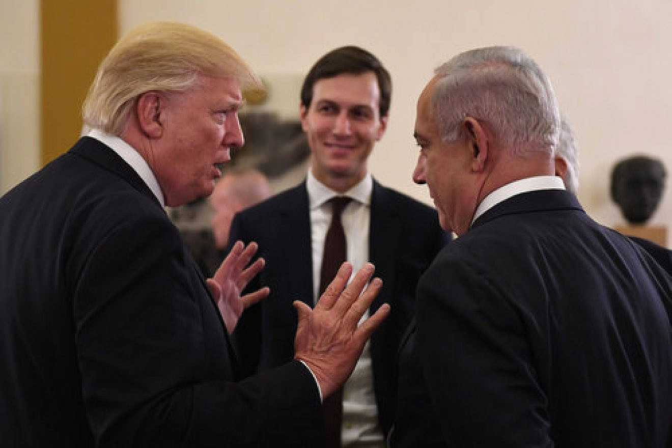 Israeli Prime Minister Benjamin Netanyahu and U.S. President Donald Trump with senior White House adviser Jared Kushner at the start of a meeting in Jerusalem on May 22, 2017. Credit: Kobi Gideon/GPO.