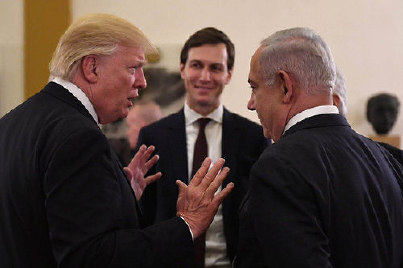 Israeli Prime Minister Benjamin Netanyahu and U.S. President Donald Trump with senior White House adviser Jared Kushner at the start of a meeting in Jerusalem on May 22, 2017. Credit: Kobi Gideon/GPO.