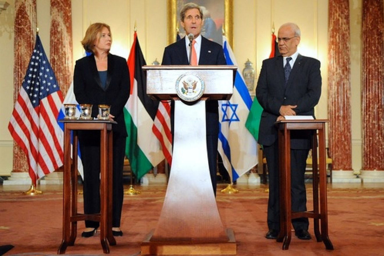 U.S. Secretary of State John Kerry, Israeli Justice Minister Tzipi Livni, and Palestinian Chief Negotiator Saeb Erekat address reporters on the Israeli-Palestinian conflict negotiations at the U.S. Department of State in Washington, D.C., on July 30, 2013. Credit: U.S. State Department.