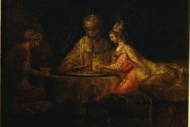 A painting by Rembrandt of King Ahasuerus and Haman at ”The Feast of Esther.” Credit: Pushkin Museum via Wikimedia Commons.
