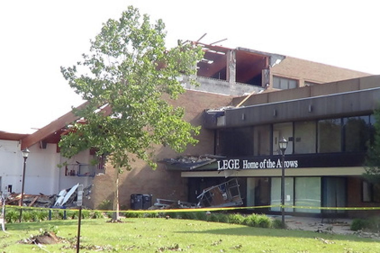 Click photo to download. Caption: An exterior wall was blown away and a portion of the roof was ripped off of the O’Brien Athletic Center (pictured) at Tornado-hit Ursuline College in Pepper Pike, Ohio, over the weekend. Credit: Cleveland Jewish News.