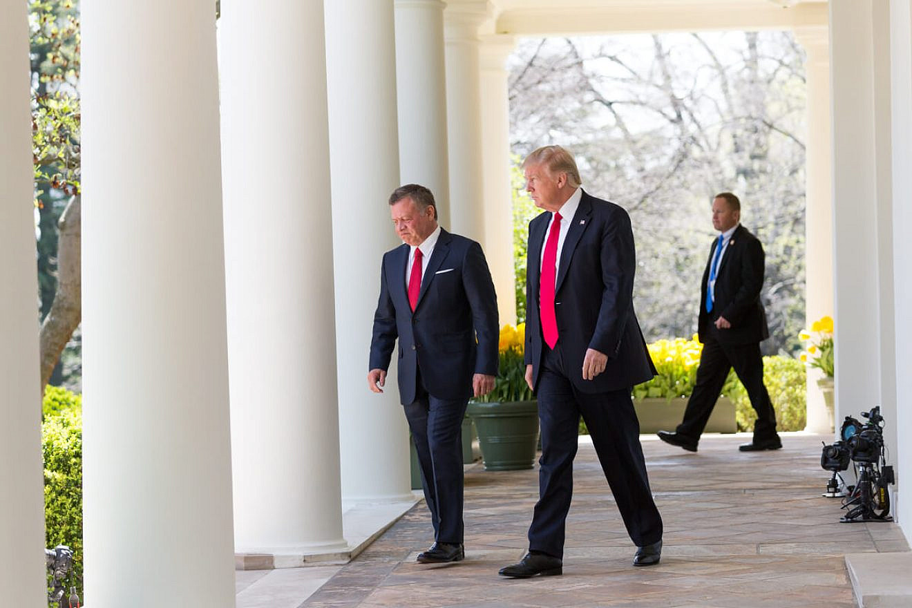 Jordan's King Abdullah (left) and U.S. President Donald Trump walk along the West Colonnade toward the podiums before a joint press briefing at the White House on April 5, 2017. Credit: White House/Shealah Craighead.