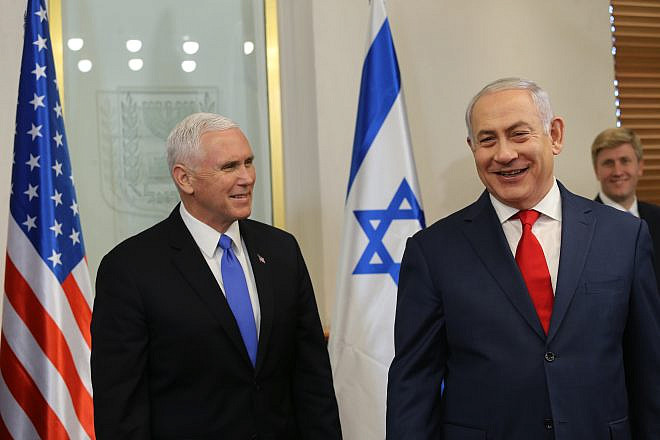 Vice President Mike Pence is welcomed by Israeli Prime Minister Benjamin Netanyahu at the Prime Minister's Office in Jerusalem on January 22, 2018. Credit: Alex Kolomoisky/POOL/Flash90.