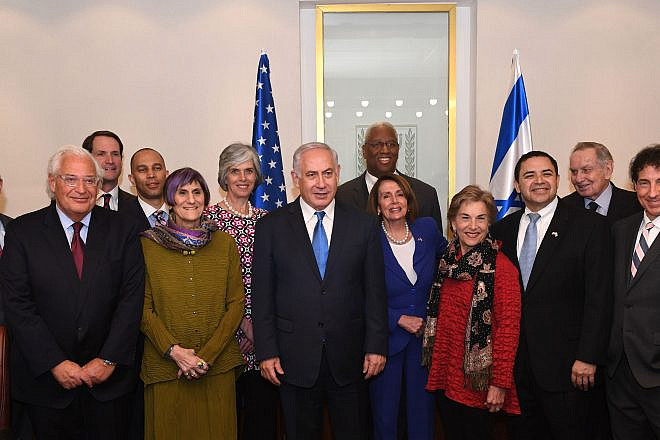 Israeli Prime Minister Benjamin Netanyahu (center) with a Democratic congressional delegation led by Minority Leader Nancy Pelosi, to his right, along with U.S. Ambassador to the United Nations David Friedman (second from left). Credit: Kobi Gideon/GPO.