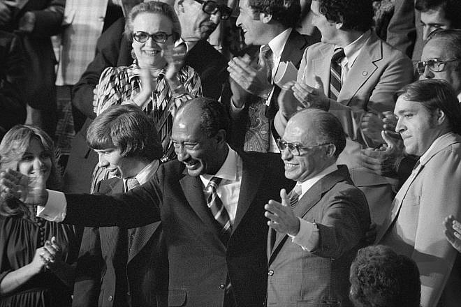 Egyptian President Anwar Sadat and Israeli Prime Minister Menachem Begin acknowledge applause and support during a joint session of Congress in Washington, D.C., during which President Jimmy Carter announced the results of the Camp David Accords, Sept. 18, 1978. Credit: Library of Congress.