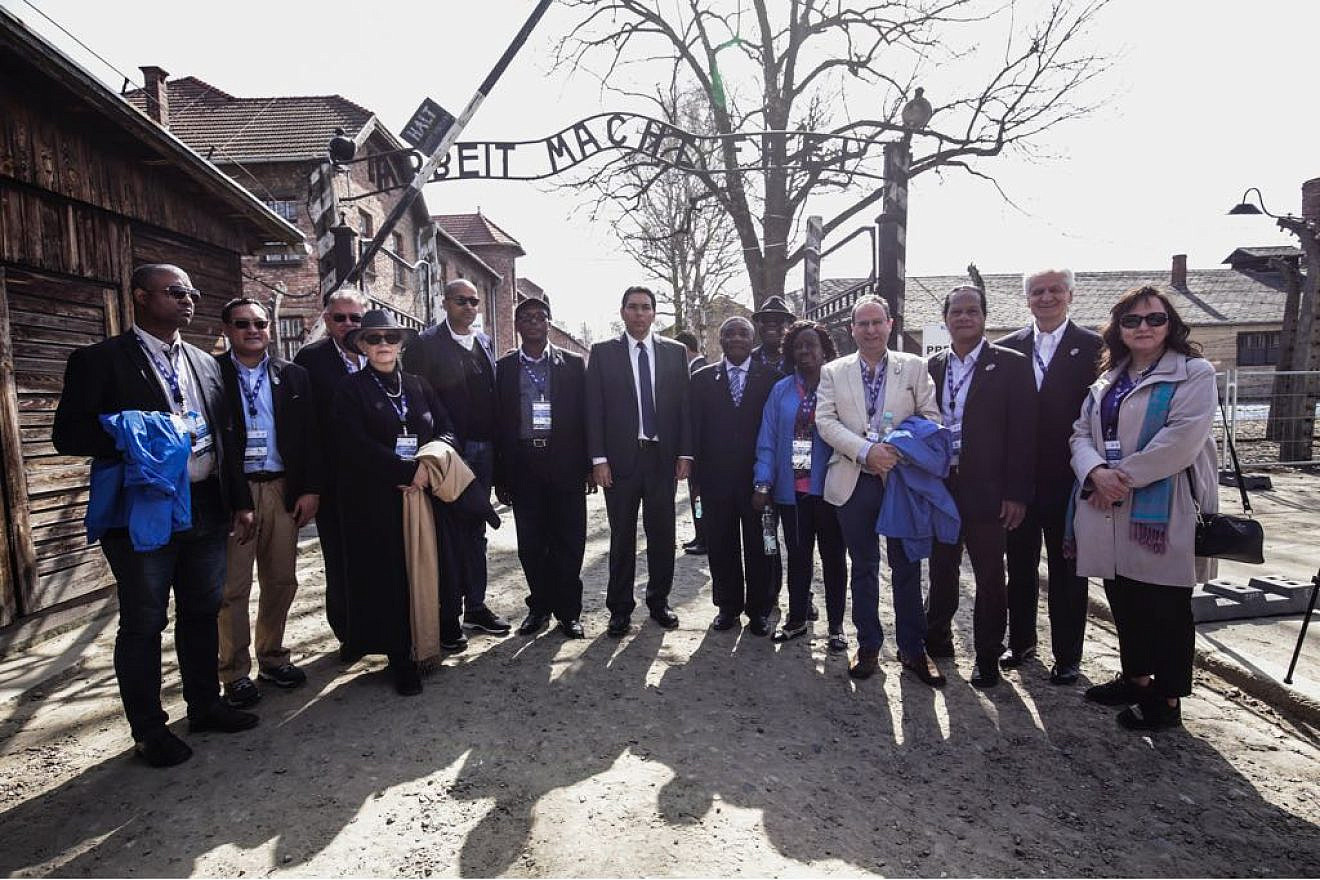 A delegation of U.N. ambassadors with Israeli Ambassador to the United Nations Danny Danon at the Auschwitz-Buchenau concentration camp in Poland join the 30th annual “March of the Living” program on April 12, 2018. Photo courtesy of American Zionist Movement.