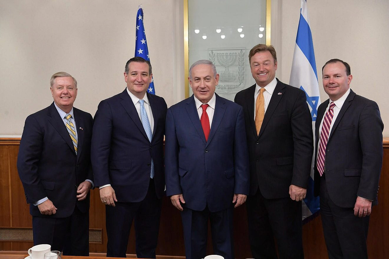 Israeli Prime Minister Benjamin Netanyahu (center) with a delegation of Republican U.S. senators in for the embassy opening. From left: Sen. Lindsey Graham (R-S.C.), Sen. Ted Cruz (R-Texas), Sen. Dean Heller (R-Nev.) and Sen. Mike Lee (R-Utah). Credit: Amos Ben-Gershom/GPO.