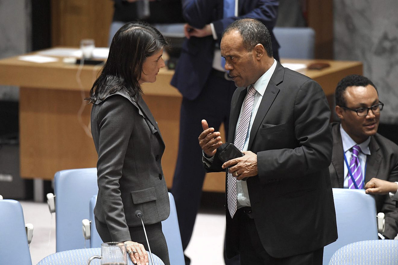 U.S. Ambassador to the United Nations Nikki Haley speaks with Tekeda Alemu, Permanent Representative of Ethiopia to the United Nations, before the U.S. Security Council meeting on Mideast issues. Credit: U.N. Photo/Evan Schneider.