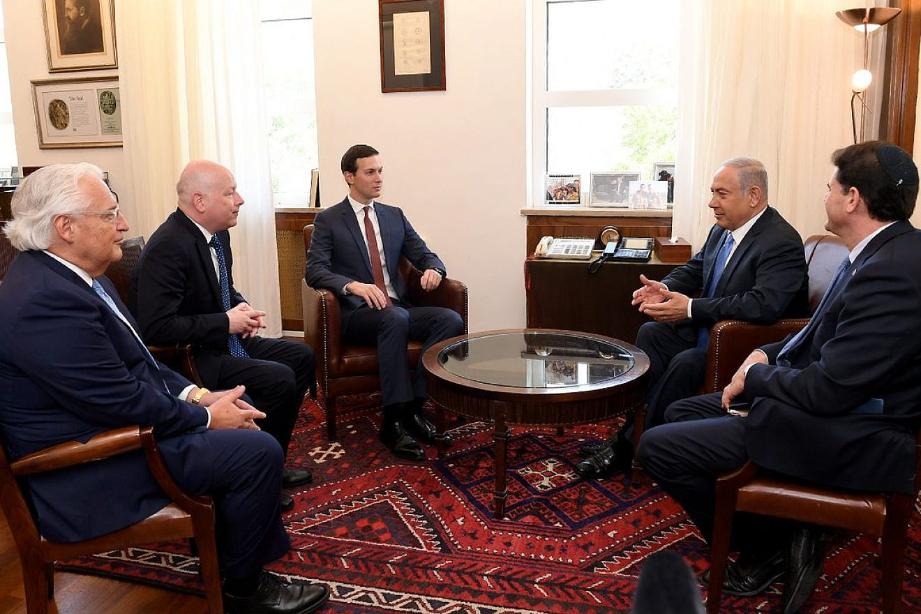 From left: U.S. Ambassador to Israel David Friedman, Special Middle East envoy Jason Greenblatt, White House adviser Jared Kushner, Prime Minister Benjamin Netanyahu and Israeli Ambassador to the U.S. Ron Dermer, meeting in Jerusalem, June 22, 2018. Credit: U.S. Embassy in Israel.