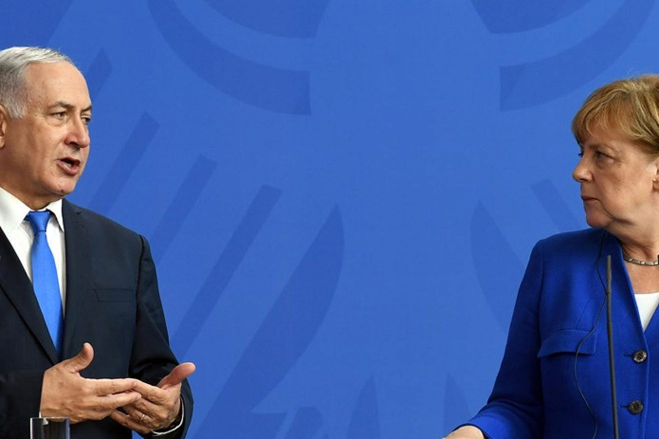 Israeli Prime Minister Benjamin Netanyahu at a joint press conference with German Chancellor Angela Merkel in Berlin on June 4, 2018. Credit: Haim Zach/GPO.