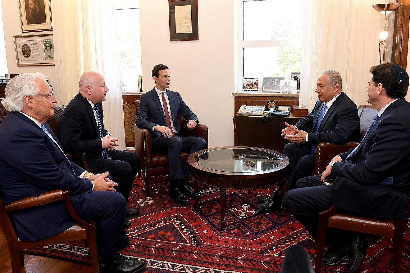 Senior presidential adviser Jared Kushner and U.S. Special Representative for International Negotiations Jason Greenblatt meet with Israeli Prime Minister Benjamin Netanyahu in Jerusalem on June 22, 2018. Photo by Matty Stern/U.S. Embassy Jerusalem.