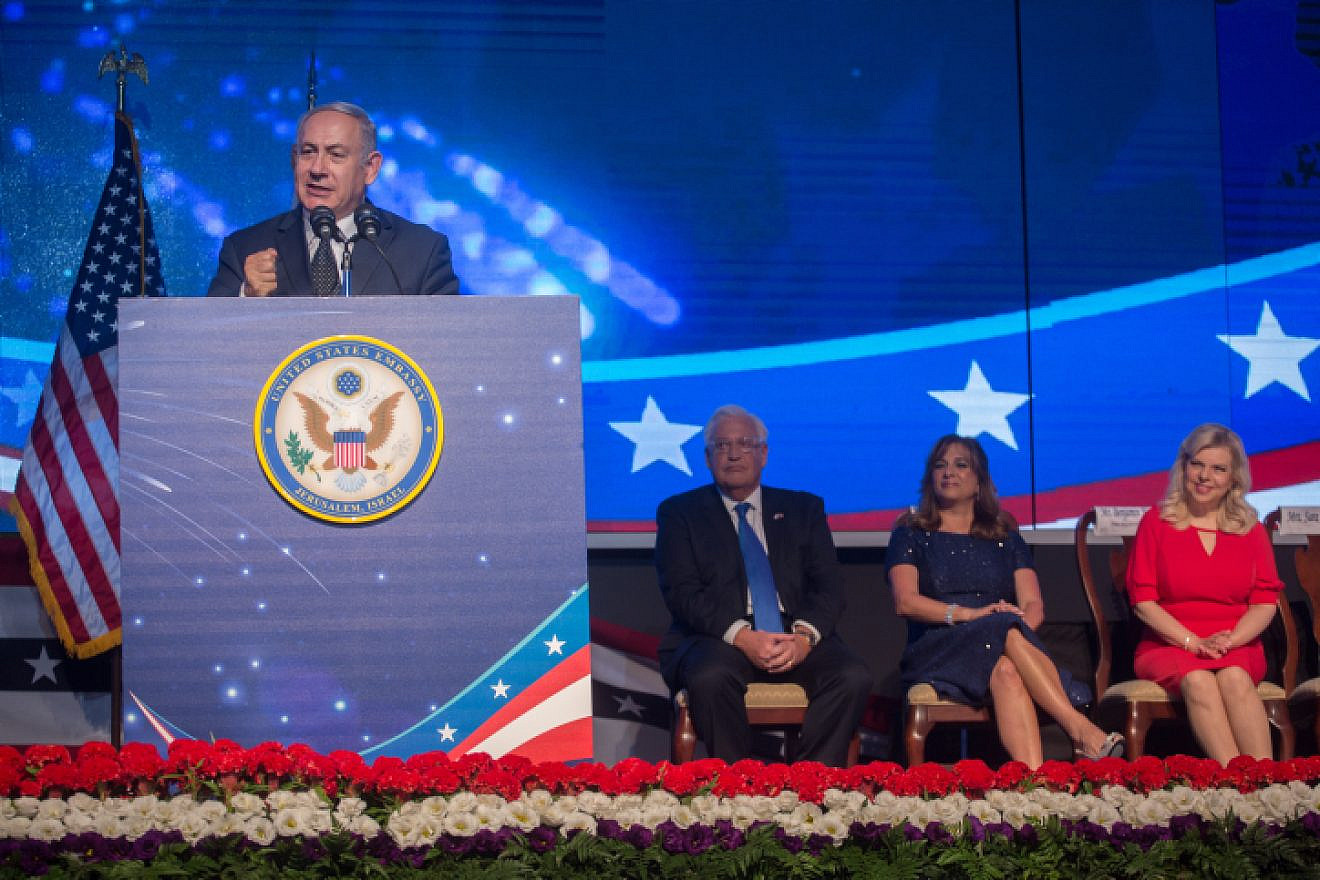 Prime Minister Benjamin Netanyahu speaks during an American Independence Day celebration on July 3, 2018. Photo by Miriam Alster/Flash90